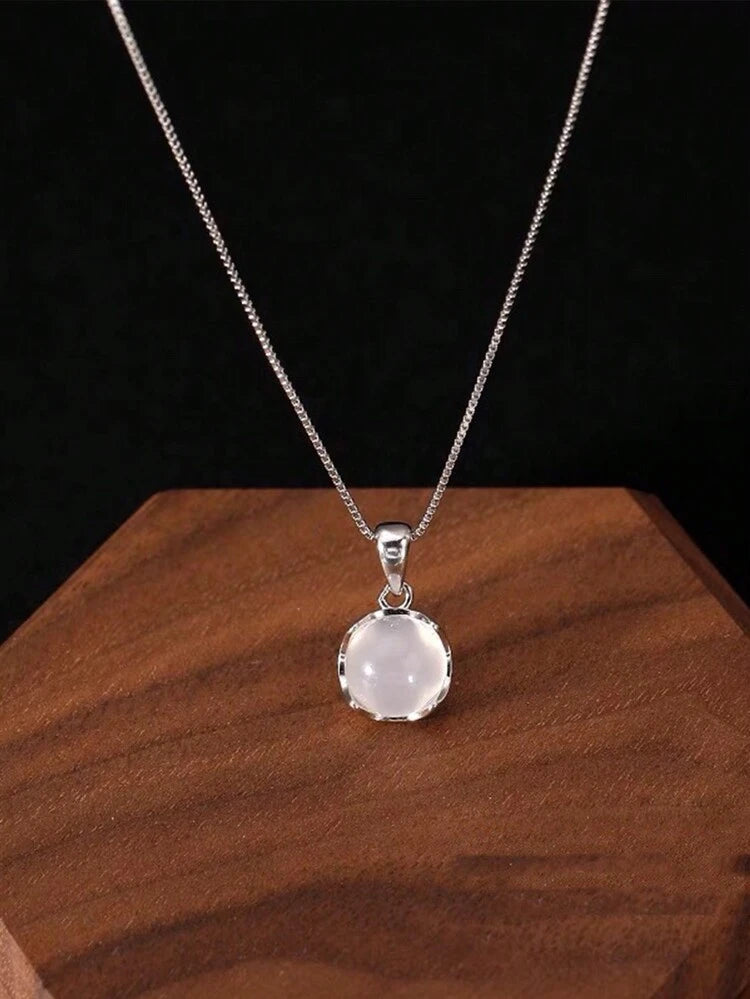 ✨ سلسلة فضة S925 بدلاية حجر أبيض دائري